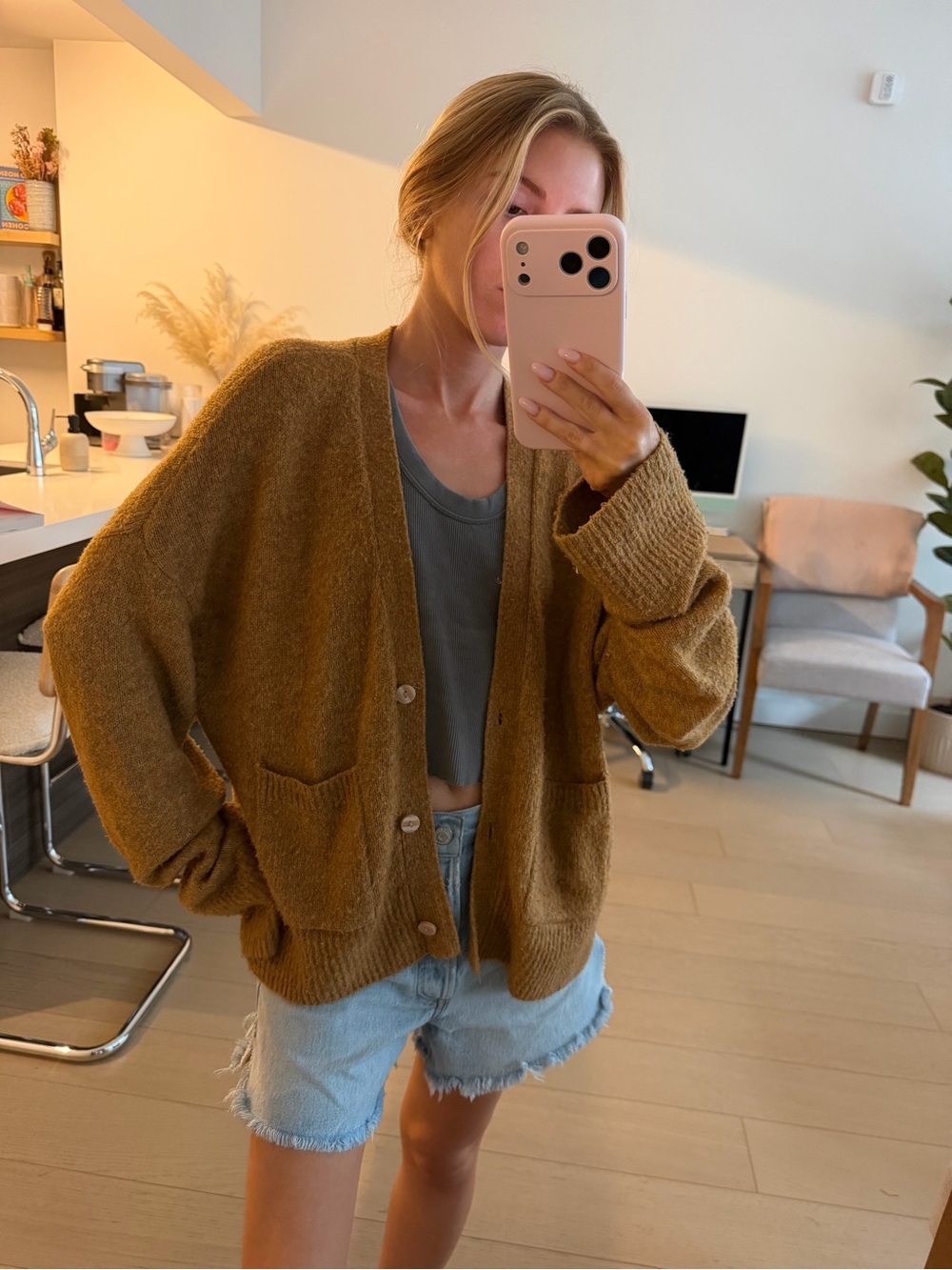 Abercrombie & Fitch V-Neck Cardigan Sweater in Camel - Picture 7 of 8